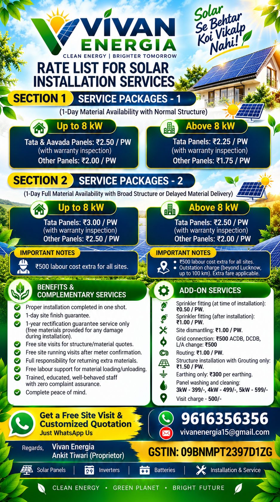 Vivan Energia installation rate list poster